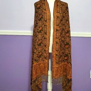 Boho Copper Brown Paisley Fringed Wrap Shawl Scarf